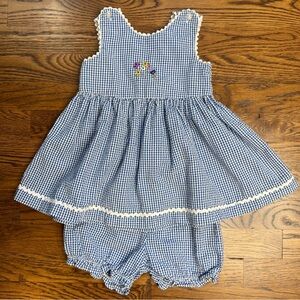 Vintage Parisian Bebe Blue Gingham Girls Baby Dress with Embroidery 18 Months